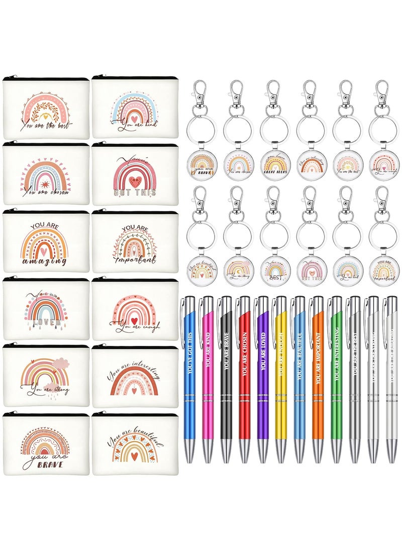 Chunful 36 Pcs Rainbow Canvas Makeup Bags Sets Inspirational Gifts Keychains and Pastel Pens Motivational Cosmetic Bag for Women Valentine Teacher Appreciation Gifts Birthday Graduation