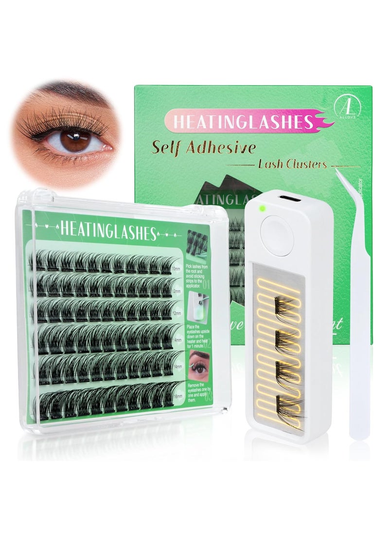 ALLOVE Heatinglashes Self Adhesive Eyelashes Heated Pre-Glued Fluffy Lash Clusters Press on Lash Kit with Heater and Applicator Stickier Cluster Eyelash Extensions No Glue Needed DIY Lash Kit