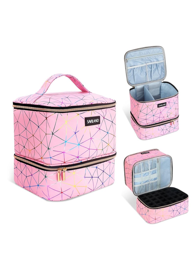 SAVILAND Nail Polish Organizer Bag: PU Leather Nail Polish Storage Organizer Holds 30 Bottles & Nail Lamp, Nail Polish Holder Travel Carrying Case Box Nail Tech Organizer Storage Bag for Nail Supplies