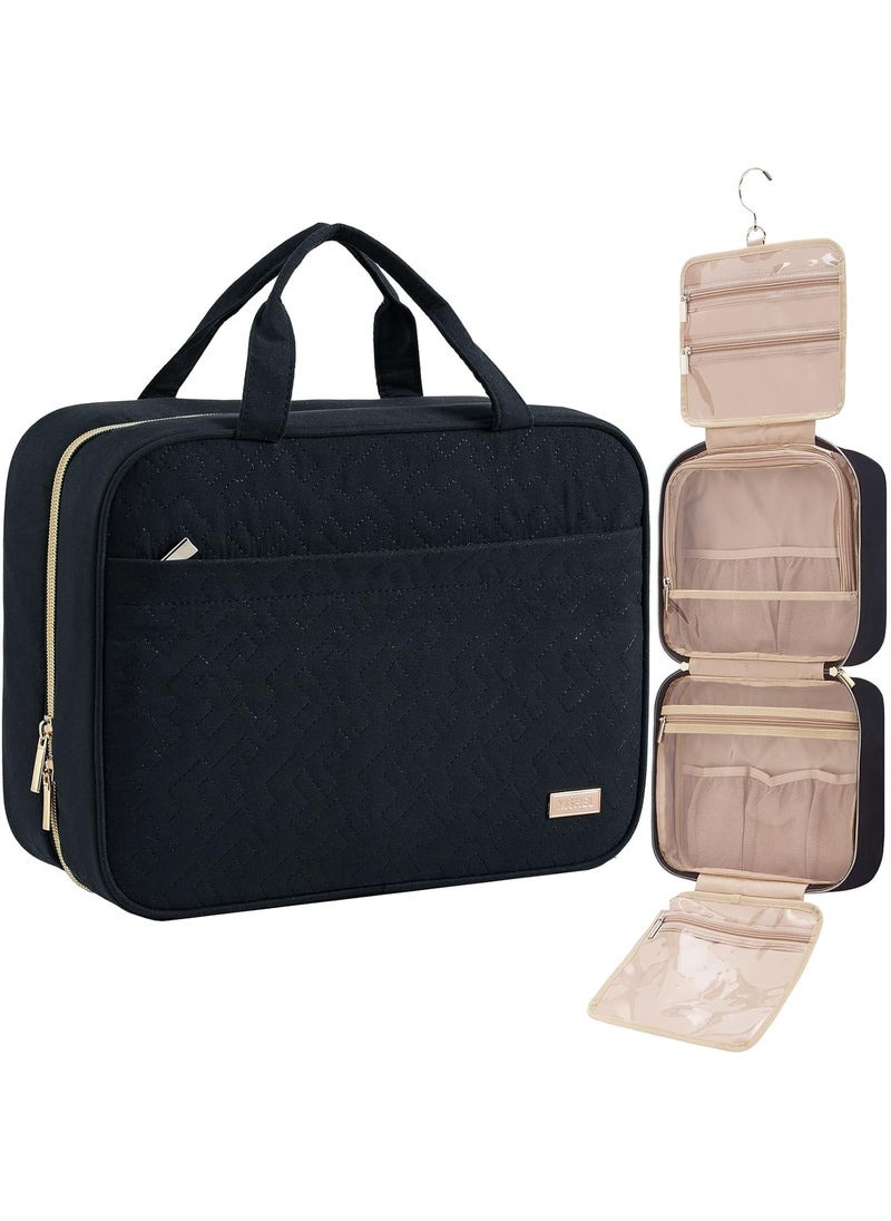 NISHEL Travel Toiletry Bag for women, Portable Hanging Organizer for Full-Sized Shampoo, Conditioner, Brushes Set, Makeup Accessories, Large Size, Black