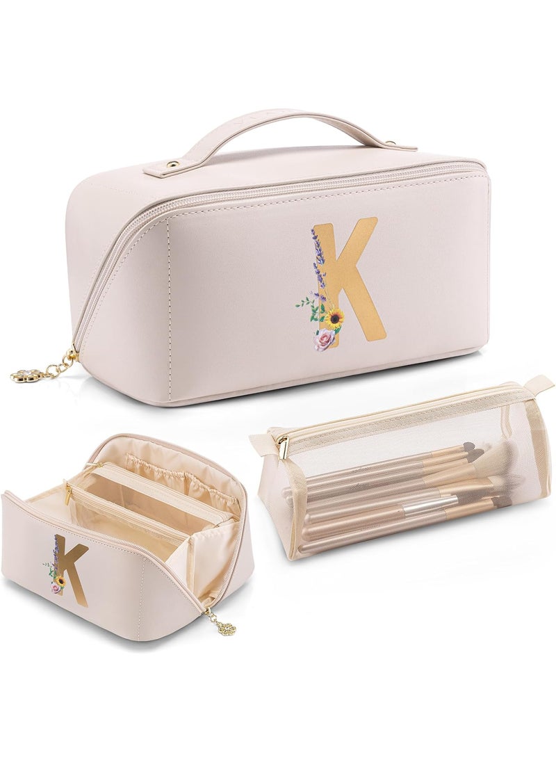 Vlando Preppy Makeup Bag, Monogrammed Gift for Women, PU Leather Travel Toiletry Bag for Women Traveler(Letter K)