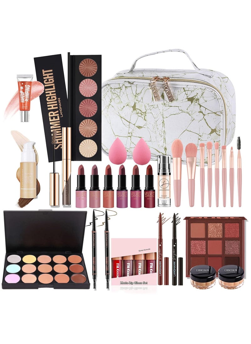 Pure Vie All-in-One Holiday Gift Surprise Makeup Set Essential Starter Bundle Include Eyeshadow Palette Lipstick Concealer Blush Mascara Eyeliner Face Powder Lipgloss Brush - Full Makeup Kit for Women