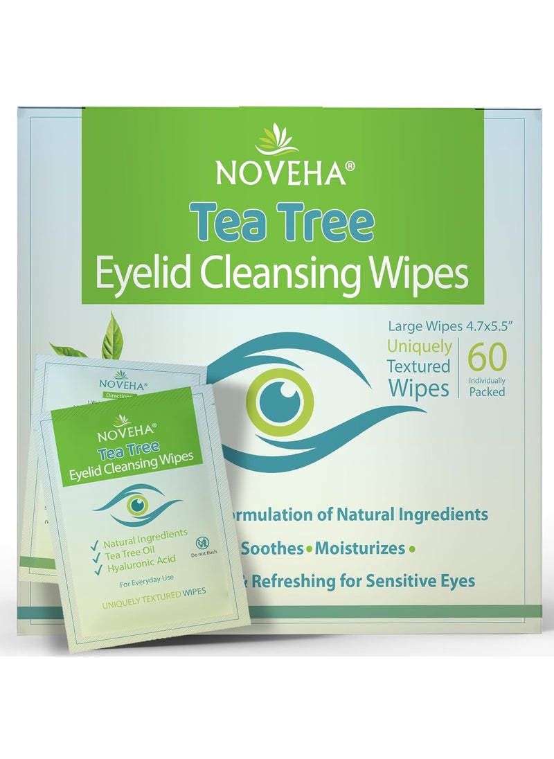 NOVEHA 60PCs Tea Tree Oil Eyelid & Lash Wipes | With Hyaluronic Acid, Green Tea & Chamomile For Blepharitis, Itchy & Stye Eyes, Individually Wrapped, Natural Eyelash Makeup Remover & Daily Cleanser