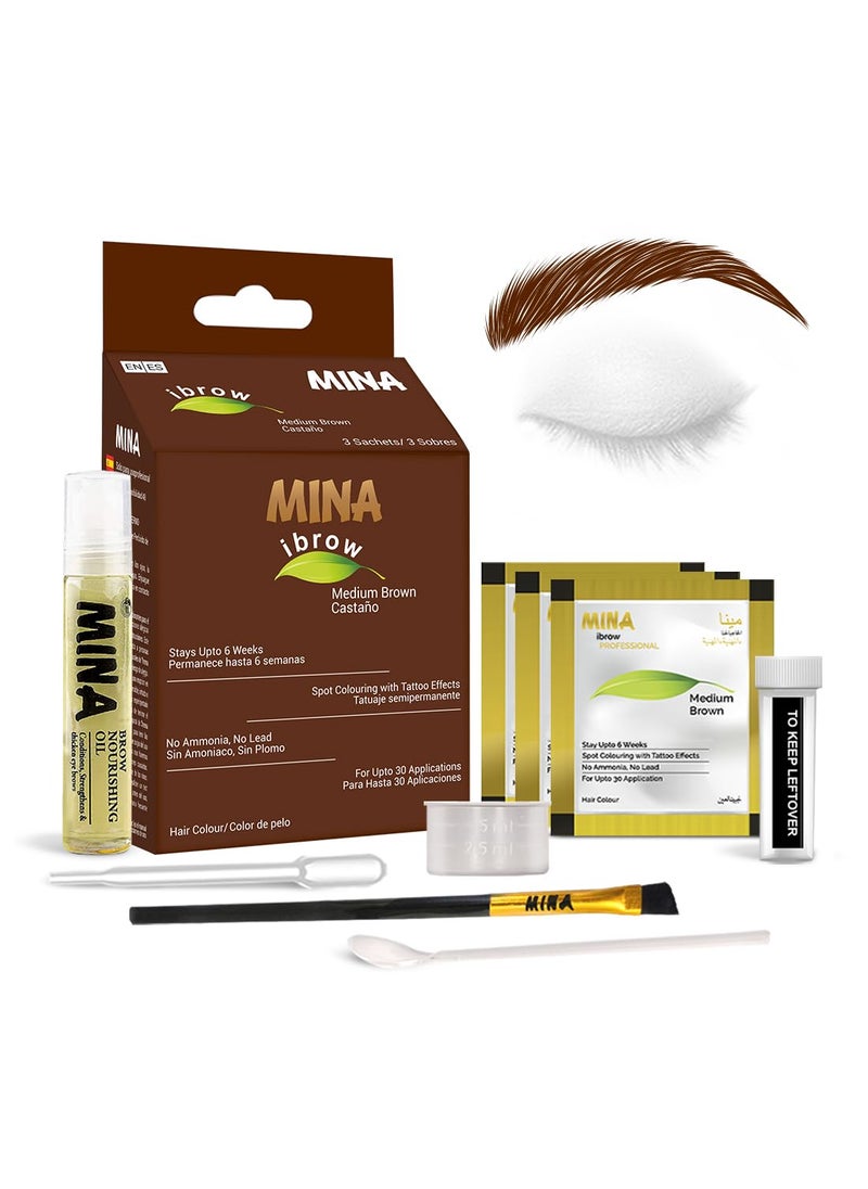 MinaiBrow Tint Kit (Medium Brown) - Natural Spot Coloring Brow Tinting Powder with Oil & Brush - Water & Smudge Proof Instant Brow Dye Kit - 100% Gray Converge - Vegan and Cruelty-Free