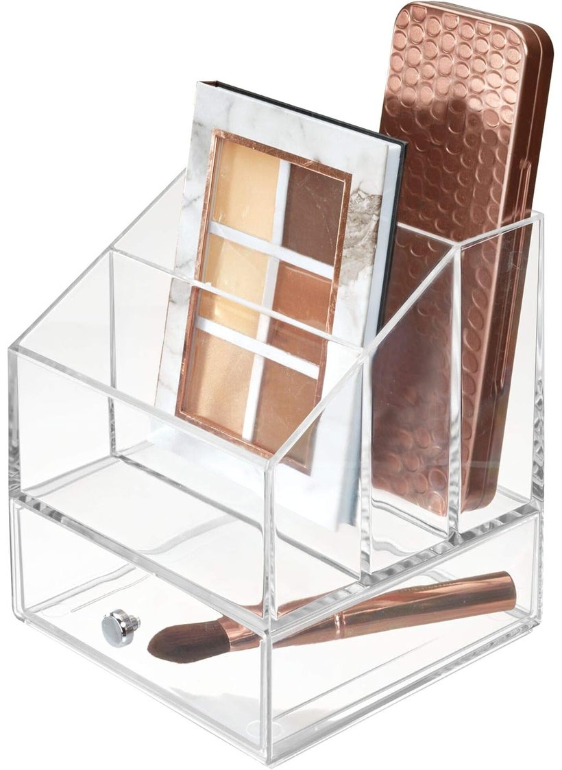 iDesign Clarity Cosmetic Palette Organizer with Drawer for Vanity or Cabinet to Hold Makeup, Beauty Products, Hair Accessories - 3 Compartments - Clear