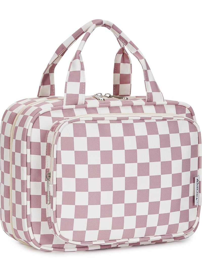 Narwey Hanging Toiletry Bag for Women Travel Makeup Bag Organizer Toiletries Bag for Travel Size Essentials Accessories Cosmetics (Dusty Rose Checkerboard (Medium))