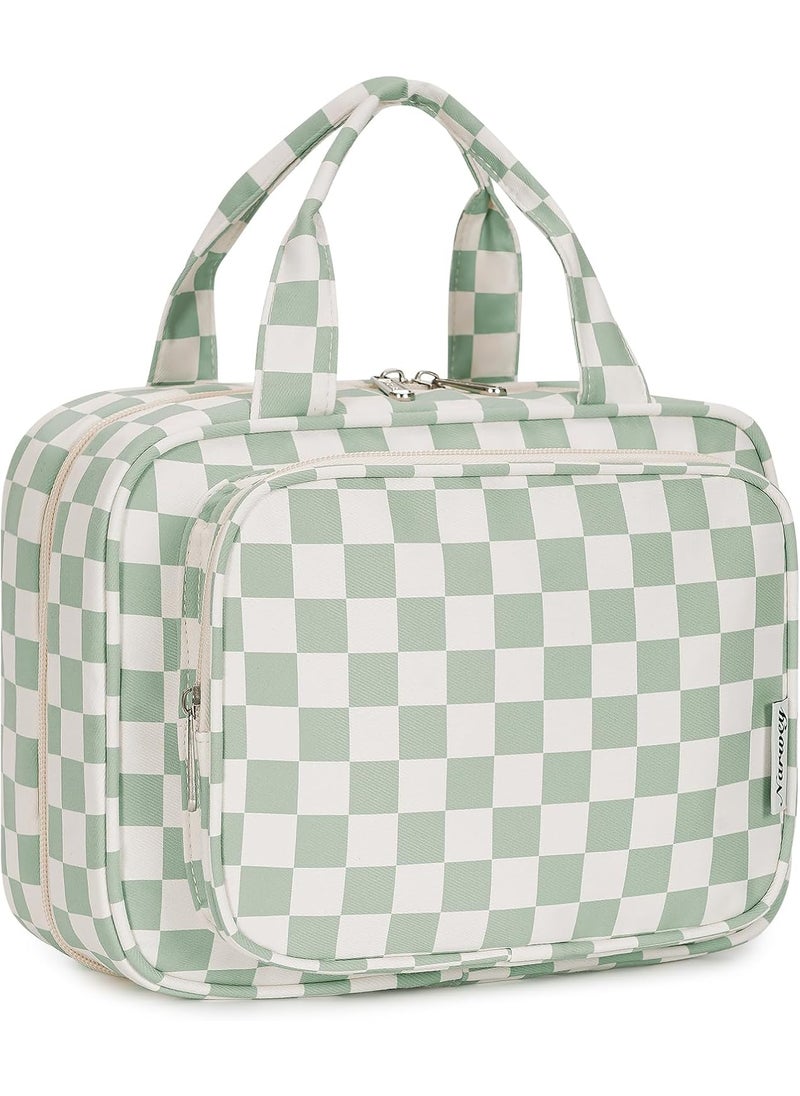 Narwey Hanging Toiletry Bag for Women Travel Makeup Bag Organizer Toiletries Bag for Travel Size Essentials Accessories Cosmetics (Mint Green Checkerboard (Medium))