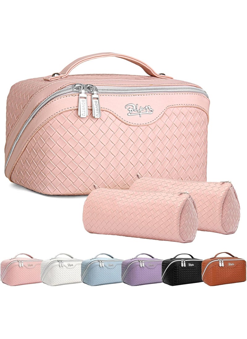 BOYATU Travel Makeup Bags for Women: Large Cosmetic Bag Waterproof - Vegan Leather Make up Bag Set of 3 - Compact Toiletry Organizer with Compartments & Handle & Divider