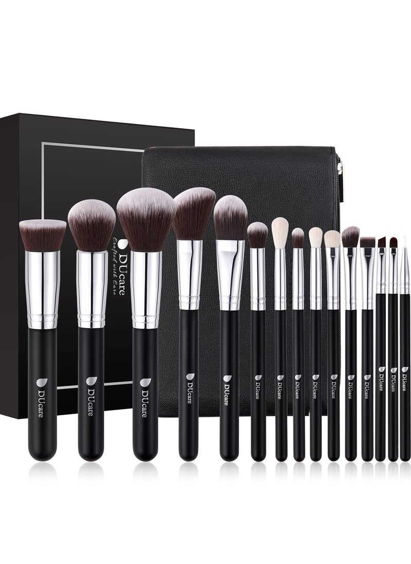 DUcare Makeup Brushes with Bag,15Pcs Makeup Brush Set Christmas Gift Travel Kabuki Foundation Blending Blush Eyeliner Shadow Brow Concealer Brushes Kit Black