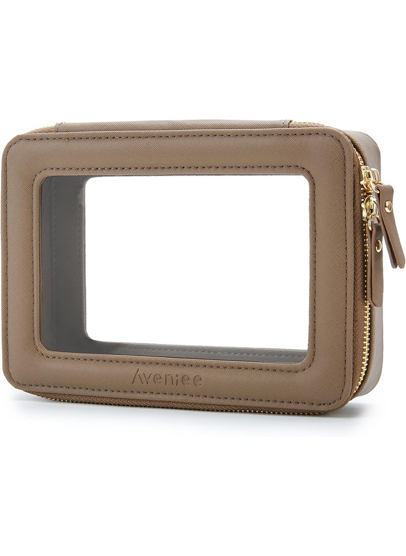 Aveniee Clear Makeup Bag for Women, Clear Cosmetic Case Travel Toiletry Bag, Heavy Duty Make up Bag Organizer with Clear Windows & Gold Zippers(Taupe)