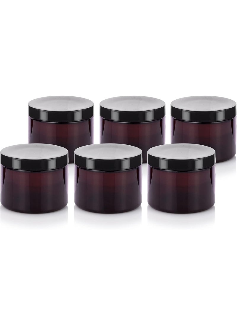 JUVITUS 6 oz Amber PET Plastic (BPA Free) Refillable Low Profile Jar (6 pack) Refillable Empty Storage Containers (Black Lids)
