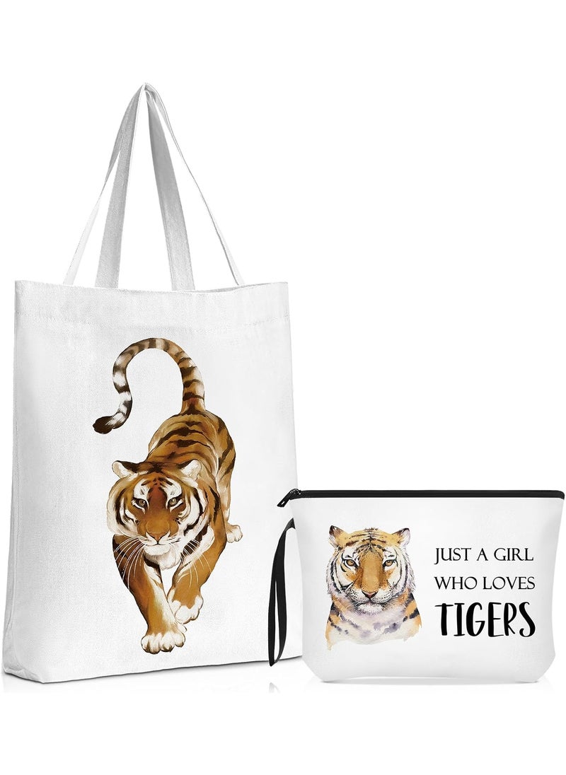 Sieral 2 Pcs Tiger Lover Gifts Set Include Canvas Tote Bag and Makeup Bag for Animal Lovers Just a Girl Who Loves Tigers Birthday Gifts for Daughter Sister Friends