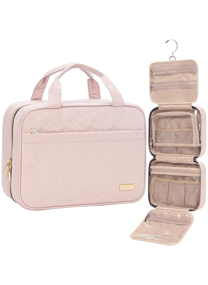NISHEL Travel Toiletry Bag for women, Portable Hanging Organizer for Travel-Sized Shampoo, Conditioner, Brushes Set, makeup Accessories, Medium Size, Pink