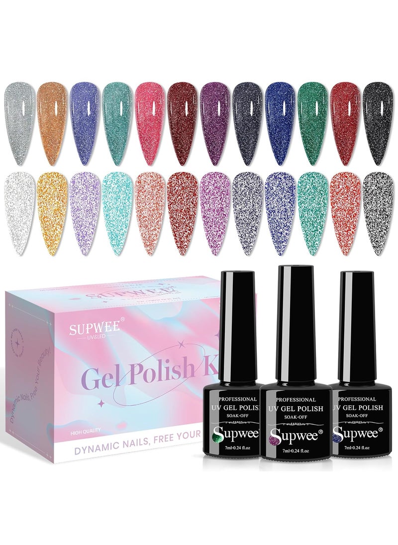 12 Colors Reflective Glitter Gel Polish - Silver Pink Blue Sparkle Gel Nail Polish Shimmer Holographic Nail Gel Polish Manicure Soak Off Lamp Gel Home DIY Varnish