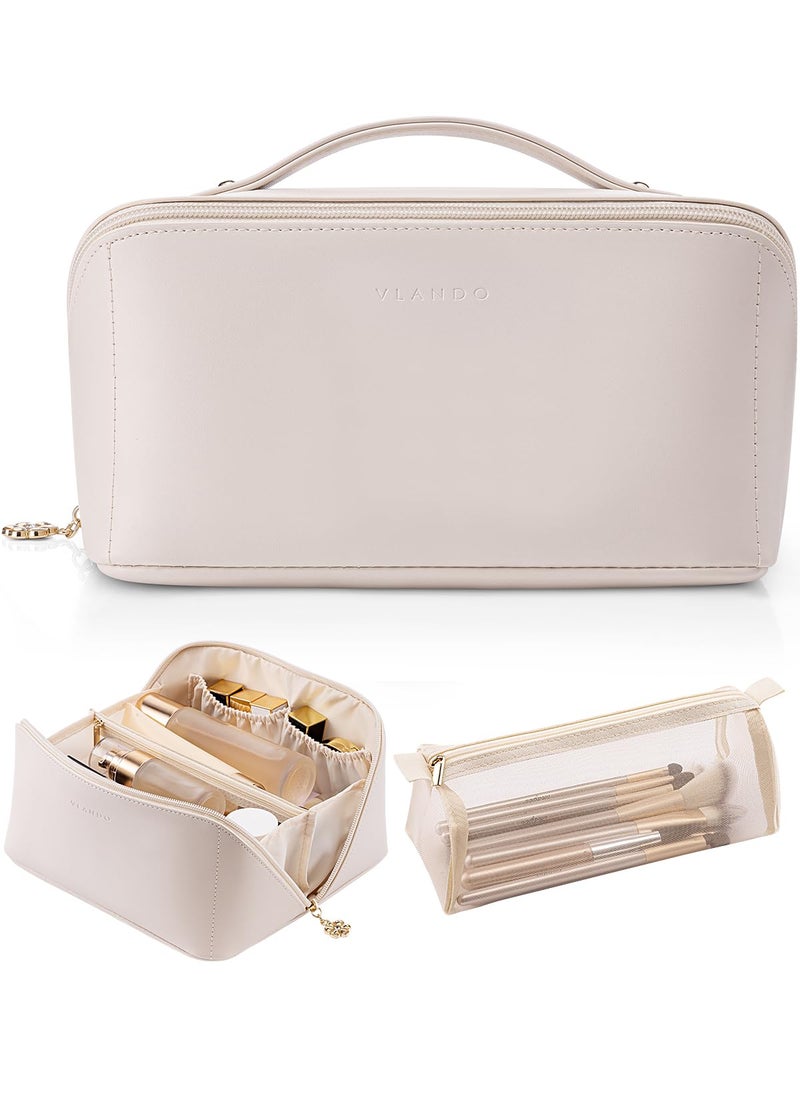 Vlando Travel Makeup Bag, Make up Bag Travel Toiletry Bag for Women Open Flat Makeup Organizer with Divider and Handle,Gift Ideas for Women Wife-White