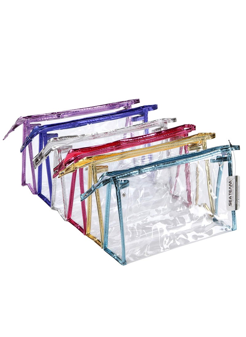 Sea Team 6-Pack Transparent Waterproof Cosmetic Bags with Zipper, Clear Vinyl Plastic Makeup Bags, Portable Travel Toiletry Pouch, Organizer, Pencil Case (Colorful, Large/10.4