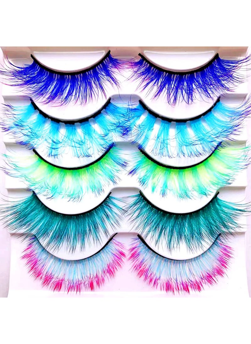 Sunniess Ombre Colored Lashes Silk Protein Fluffy Wispy Volume Fake Lashes for Halloweens Cosplay Party Stage Russian D Curl Lashes with Color Make up Faux Mink False Eyelashes 5 Pairs (AG00)