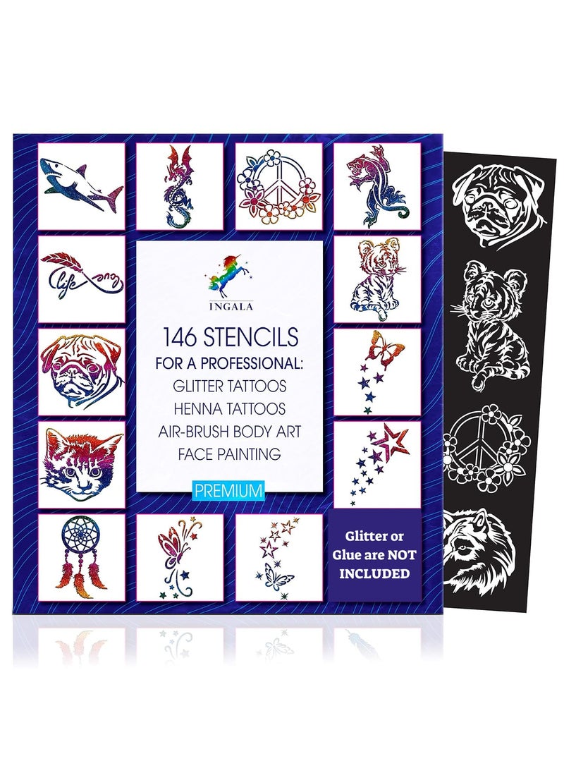 INGALA Premium Stencils Set - 146 Unique Artistic Glitter Tattoo Stencils for Kids, Teens and Adults. Suitable as Henna Tattoo stencils, Airbrush Stencils, Face Painting stencils