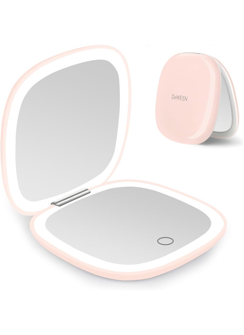 deweisn Compact Mirror, Lighted Travel Makeup Mirror with 1X/10X Magnifying Double Sided Dimmable Portable Pocket Mirror for Handbag and Pocket, USB Charging(Pink)