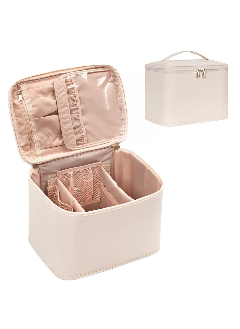 OCHEAL Makeup Bag,Large Travel Makeup Bag Organizer Cosmetic Bags for Women Washable Make Up Bag Makeup Organizer Case with Dividers - Large,Beige
