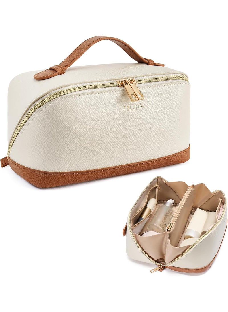 Telena Makeup Bag Large Capacity Travel Cosmetic Bag Portable PU Leather Water Resistant Makeup Organizer Bags for Women with Handle and Divider Open Flat Beige with Brown