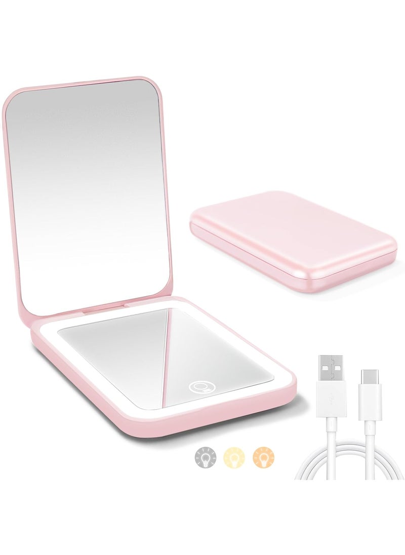 LED Compact Mirror with Light, Double Sided 1X/2X Magnification, 3 Color Dimmable Lights, USB Rechargeable, Portable Travel Makeup Mirror for Purse, for Women