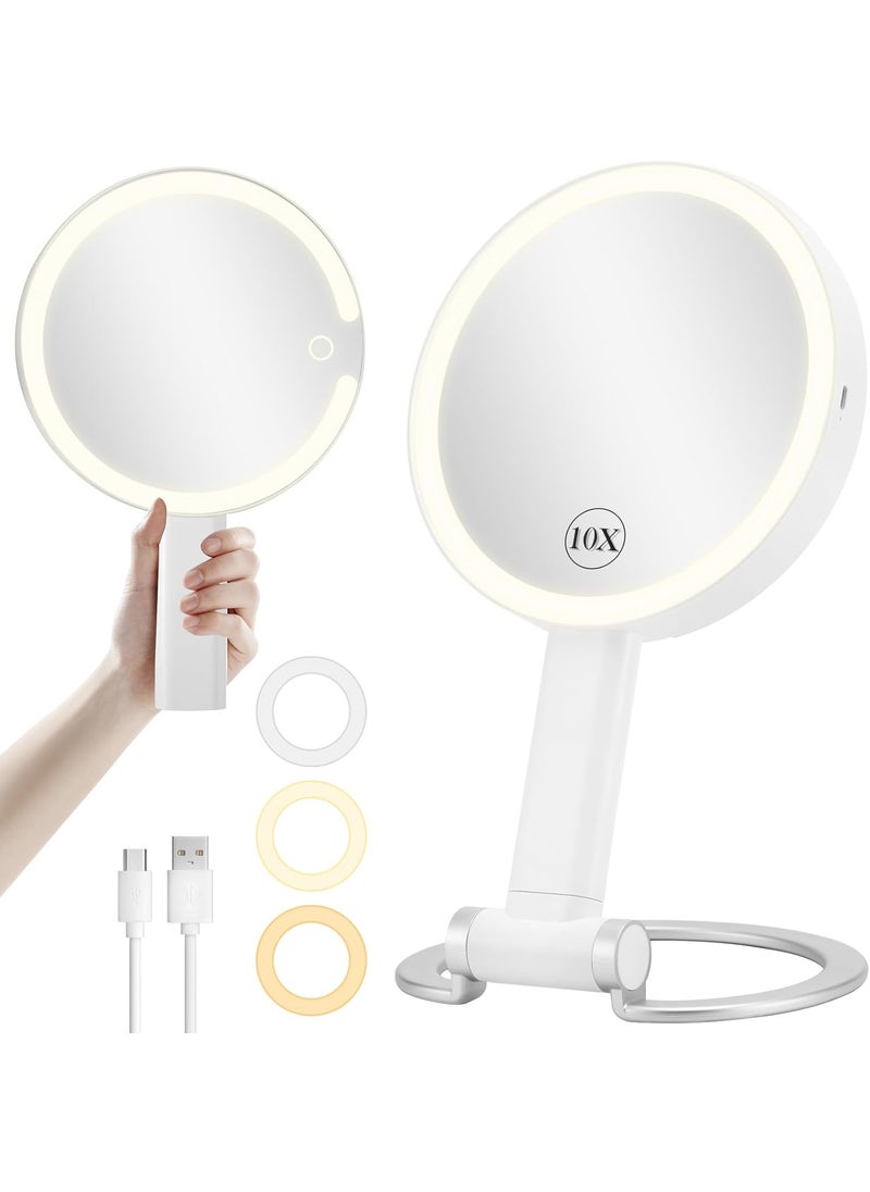 Magnifying Mirror with Light, Rechargeable Lighted Makeup Mirror with Magnification 1X/10X Double Sided, Travel Makeup Mirror with 3 Color Dimmable Lights, Portable Hand Held Mirror Hanging Tabletop