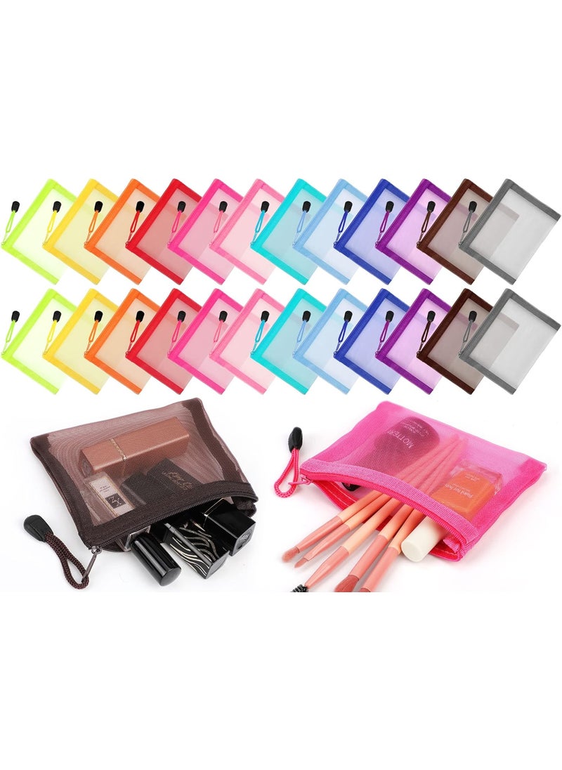 Jexine 24 Pcs Mini Zipper Mesh Bags Lipstick Cosmetic Accessories Organizer Nylon Makeup Zipper Pouch Small Cosmetic Bag for Purse Beauty Mesh Travel Pouch for Women(5 x 4 Inch,Bright Color)