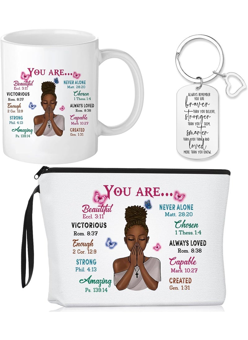 Reginary 3 Pcs Christian Gifts for African American Women Bible Verse Makeup Bag Christian Pencil Pouch 11 oz Religious Coffee Mug Inspirational Keychain Faith Based You Are Loved Gifts
