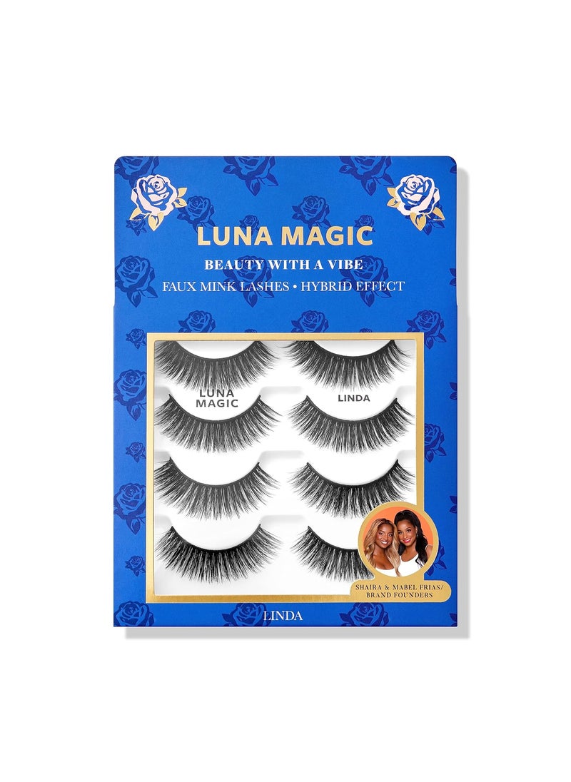 LUNA MAGIC Linda Faux Mink Lashes, Multipack, Hybrid Effect, Reusable, Wispy & Natural, Cruelty Free, 15MM, 4 Pairs