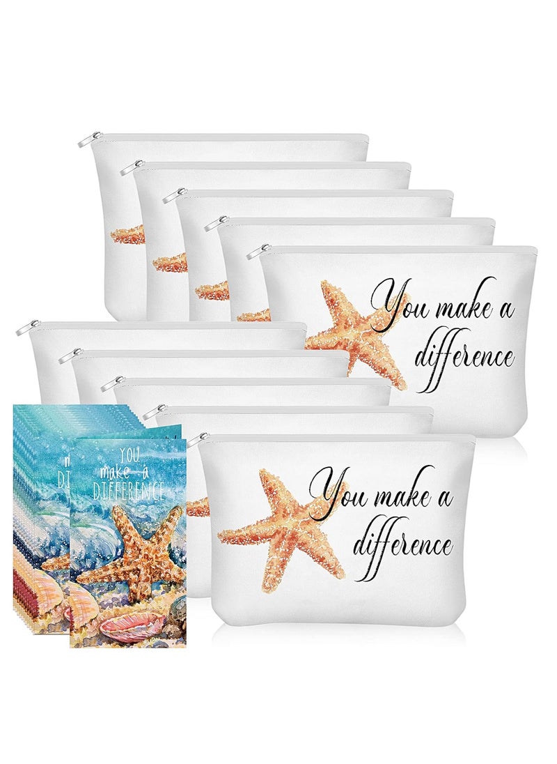 10 Pcs Inspirational Gifts Cosmetic Bags You Make a Difference Gift Pouch with Starfish Motivational Cards Appreciation Makeup Bags with Zipper for Women Employees Assistant Secretary Teacher Nurse