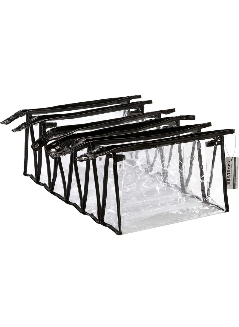 Sea Team 6-Pack Transparent Waterproof Cosmetic Bags with Zipper, Clear Vinyl Plastic Makeup Bags, Portable Travel Toiletry Pouch, Organizer, Pencil Case (Black, Large/10.4