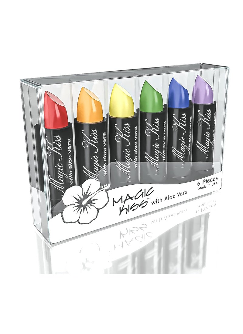 Pack of 6 Magic Kiss Color Changing Matte Lipstick set, Long Lasting Nutritious Lips Moisturizer Magic Temperature Color Change Lip Balm with Aloe Vera PH Lipstick MADE IN USA (Rainbow 6 Pack)