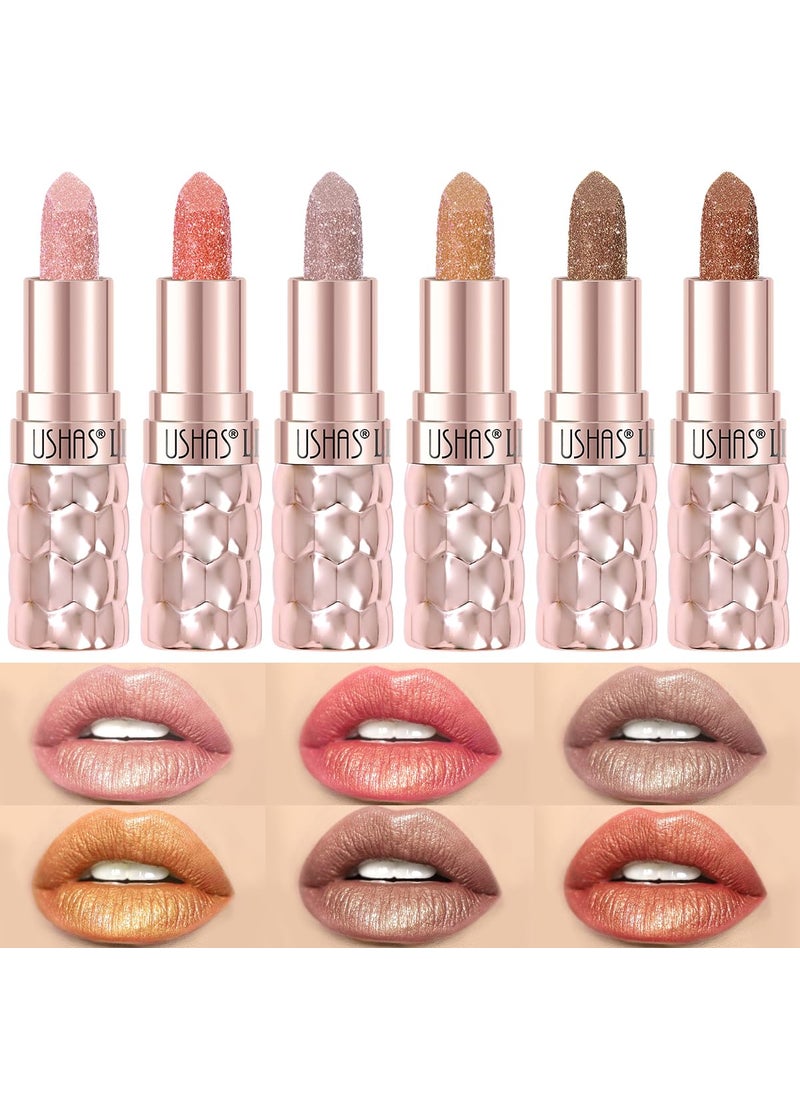 USHAS 6pc Diamond Shimmer Lipstick Set - Dark Red Pink Purple Mauve Glitter Sparkly Glossy Metallic Sparkle Waterproof Lipstick for Women (6 Count (07-12), Pack of 1)