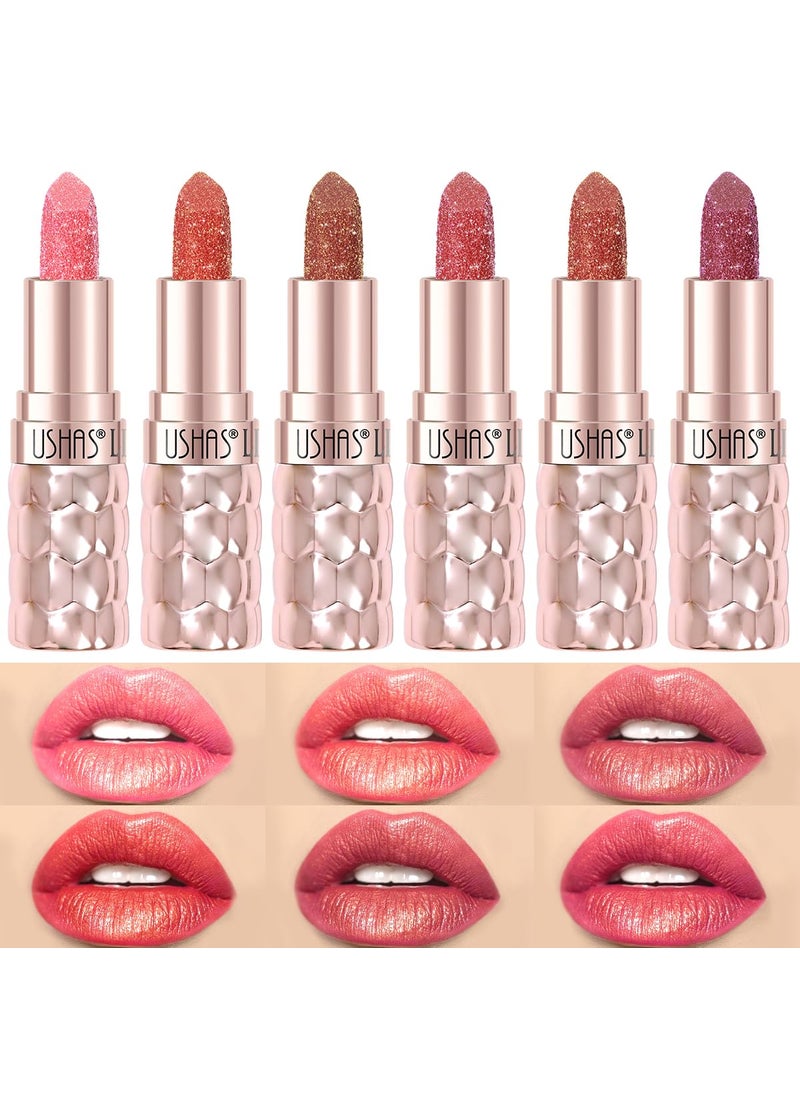 USHAS 6pc Diamond Shimmer Lipstick Set - Dark Red Pink Purple Mauve Glitter Sparkly Glossy Metallic Sparkle Waterproof Lipstick for Women (6 Count (01-06), Pack of 1)