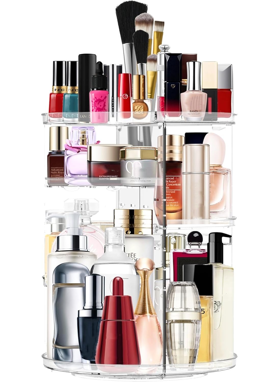 Makeup Organizer 360 Rotating Cosmetic Organizer DIY Adjustable Makeup Carousel Spinning Holder Rack, Large Capacity Cosmetic Storage Box Makeup Brushes Organizer for Vanity Countertop (Clear)