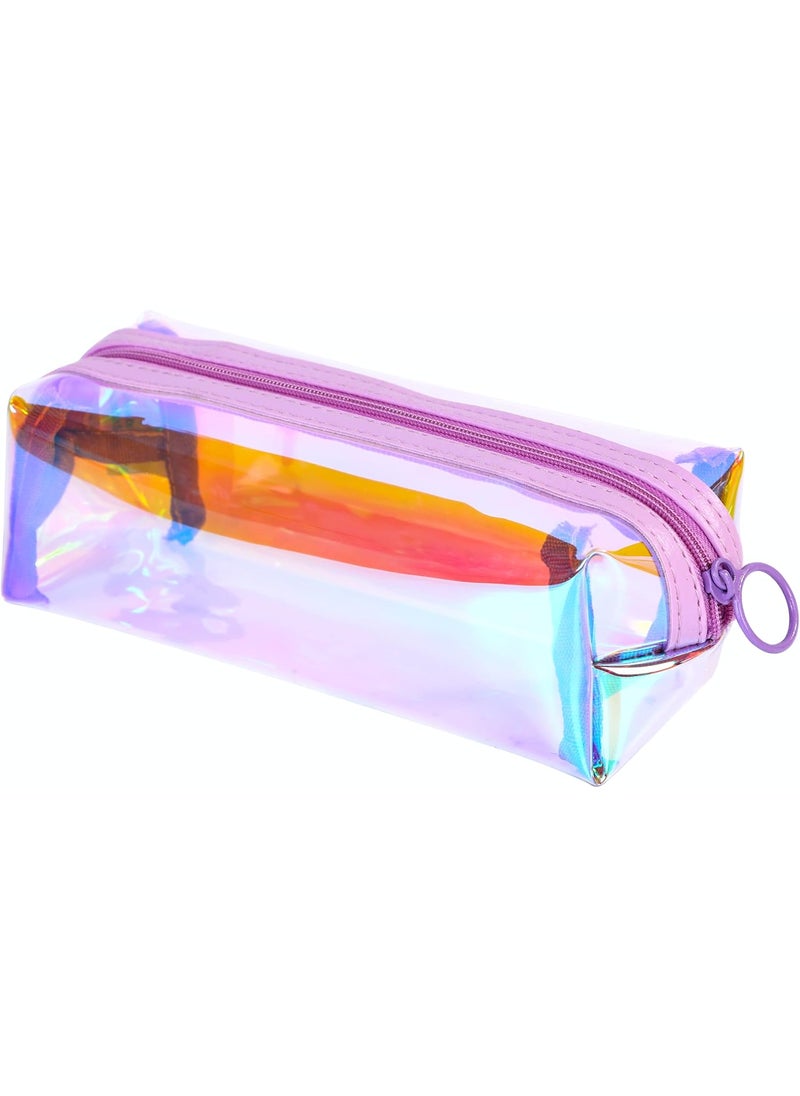 Holographic Clear Makeup Pouch/Cute Iridescent Cosmetic Organizer/Sparkly Glittery Women’s Toiletries Holder/Transparent Ladies Zipper Bag for Purse or Tote (Lilac)