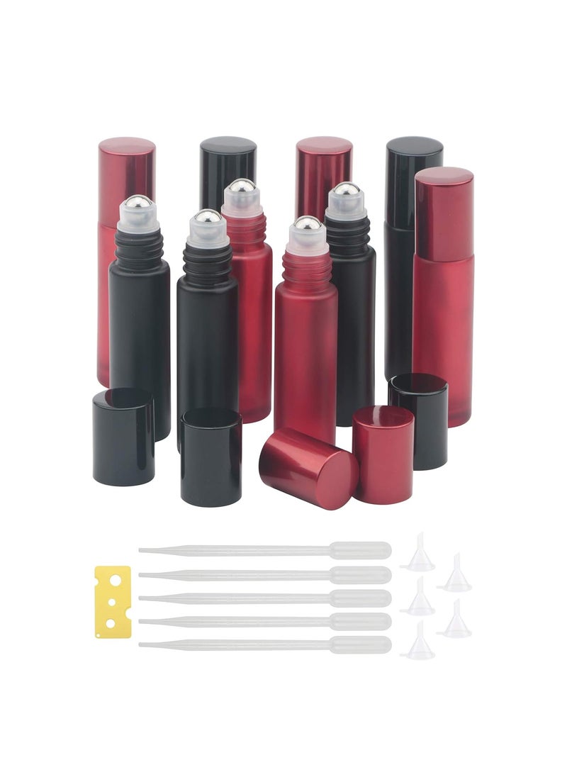 JIUWU Red Black 10ml 1/3 Oz Essential Oils Roller-on Bottles with Stainless Steel Ball Refillable Perfume Aromatherapy Cosmetic Liquid Vials 10 Pack ((5pcs Droppers Funnels, 1 Opener)