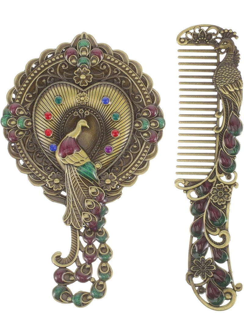 minkissy 1 Set of Vintage Metal Handheld Cosmetic Mirror and Comb - Vintage Metal Mirror Comb Set Antique Handheld Mirror Vanity Mirror for Miss Women Girls