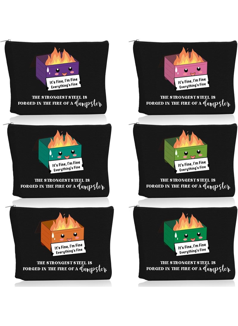 Reginary 6 Pcs Emotional Support Funny Dumpster Fire Gifts Cosmetic Bag for Women Employee Appreciation Makeup Bag Canvas Pouch Social Worker Gifts for Teacher Volunteer Nurse, 6 Style(Black)