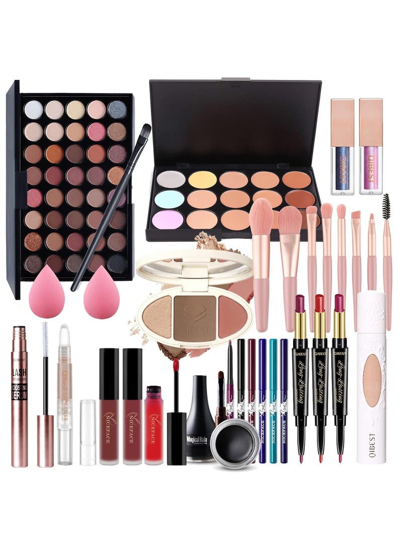 All-in-one Holiday Make up Gift Set | Makeup Kit for Women Full Kit Essential Starter Bundle Include Eyeshadow Palette Lipstick Blush Foundation Concealer Face Powder Mascara Lipgloss Brush