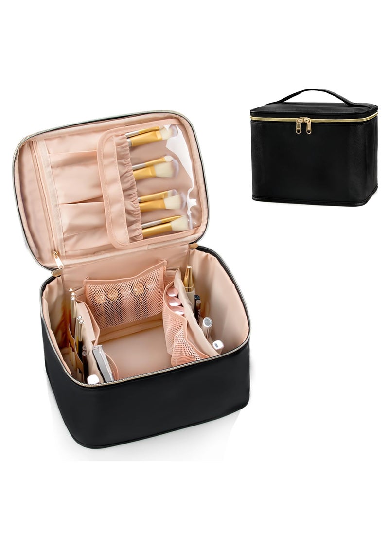 OCHEAL Large Makeup Bag for Women - Travel Cosmetic Organizer with Brush Holder & Dividers, Waterproof Leather Makeup Case, Portable Toiletry Bag for Makeup Brushes, Skincare, Accessories (Black)