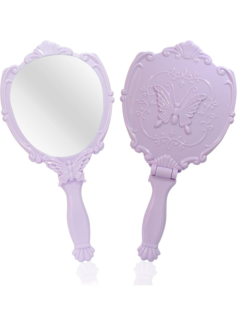 Embossed Butterfly Handheld Mirror with Folding Handle, Princess Style Girls Mirror with Handle, Purple