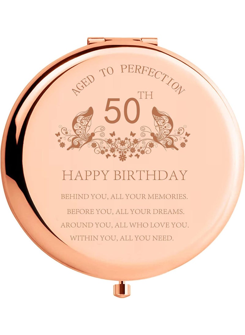 50th Birthday Gift for Mom Stainless Steel Portable Compact Makeup Mirror Behind You All Your Memories Best 50 Years Old Birthday Gift with Gift Box Engraved Cosmetic Mirror for Aunt Wife Rose Gold