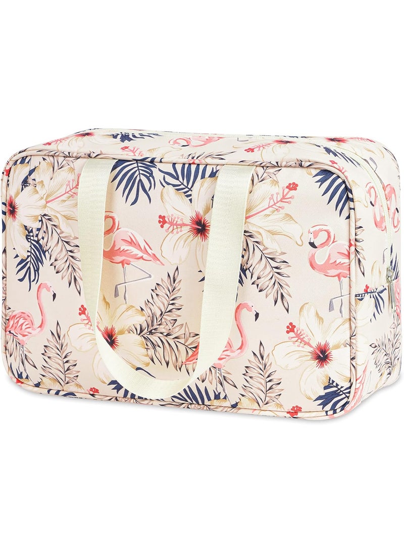 Full Size Toiletry Bag Women Large Cosmetic Bag Travel Makeup Bag Organizer Medicine Bag for Toiletries Essentials Accessories (Large, Beige Flamingo)