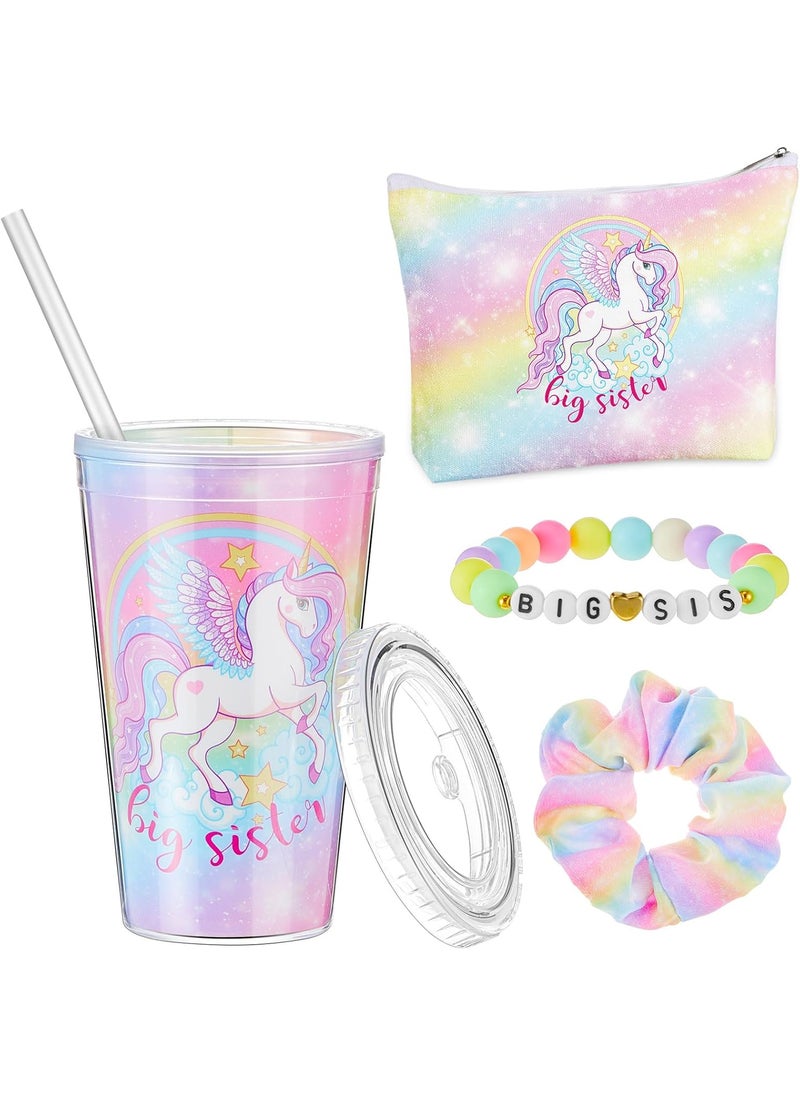 Sieral 4 Pcs Big Gifts for Cute Big Makeup Bag 15 oz Acrylic Big Cup Scrunchies New Sibling Gifts Big Bracelet for Little Gifts New Baby Shower(Unicorn)
