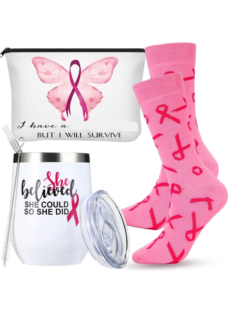 Sieral 3 Pcs Breast Cancer Awareness Gift Set for Women 12 oz Tumbler Cup Pink Ribbon Zipper Makeup Cosmetic Bag Cancer Crew Socks for Women Post Breast Cancer Survivor Warrior