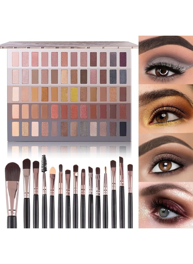 UCANBE 60 Colors Naked Eyeshadow Palette + Makeup Brush Set, All in One Nude Neutral Smokey Makeup Pallet with Brushes, Pigmented Warm Matte Shimmer Powder Eye Shadows Cosmetic Halloween Beauty Kit