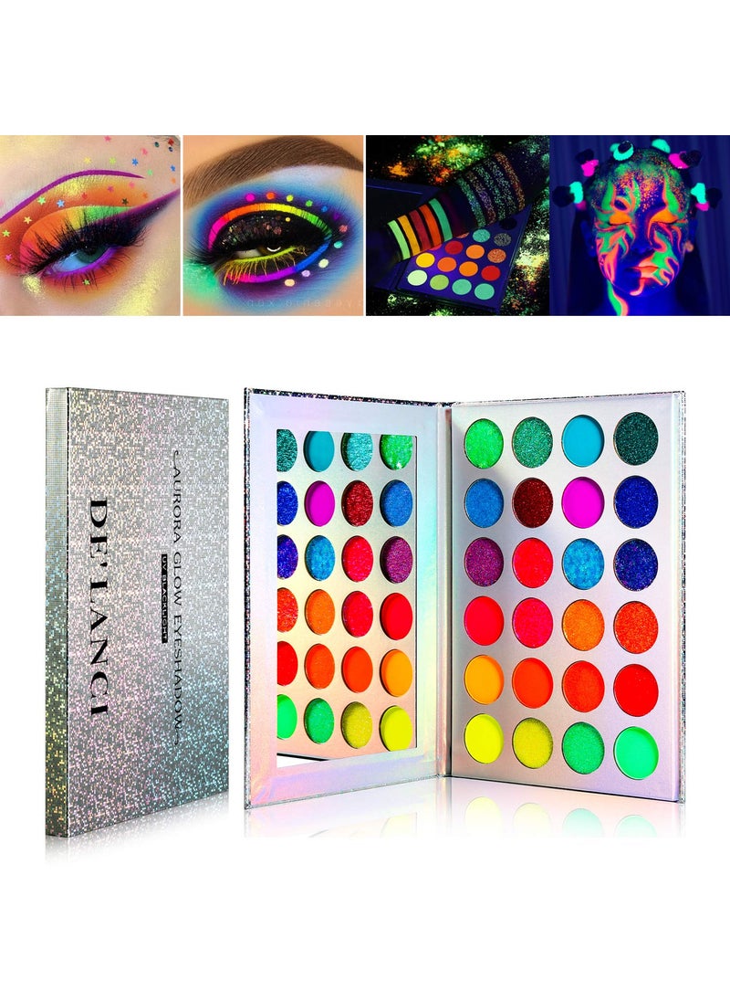 DE'LANCI Neon Eyeshadow Palette Glow in the Dark, Aurora Glow Eyeshadow Pallets Stage, Halloween Christmas Makeup Kit UV Blacklight Matte and Glitter Fluorescent Eye Shadows Highly Pigment