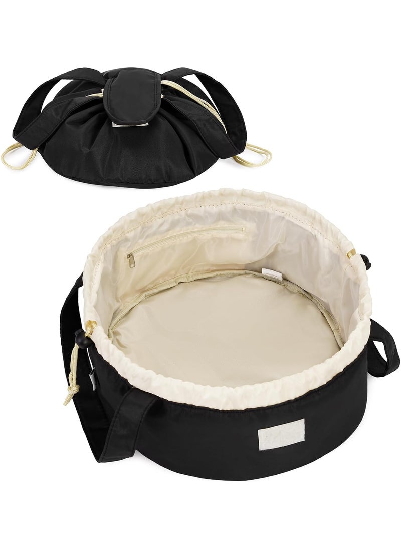Barrel Drawstring Makeup Bag Large Cosmetic Bag Make up Bags Women and Girls Toiletry Organizer for Travel Toiletries Accessories Essentials (Black) (Patent)